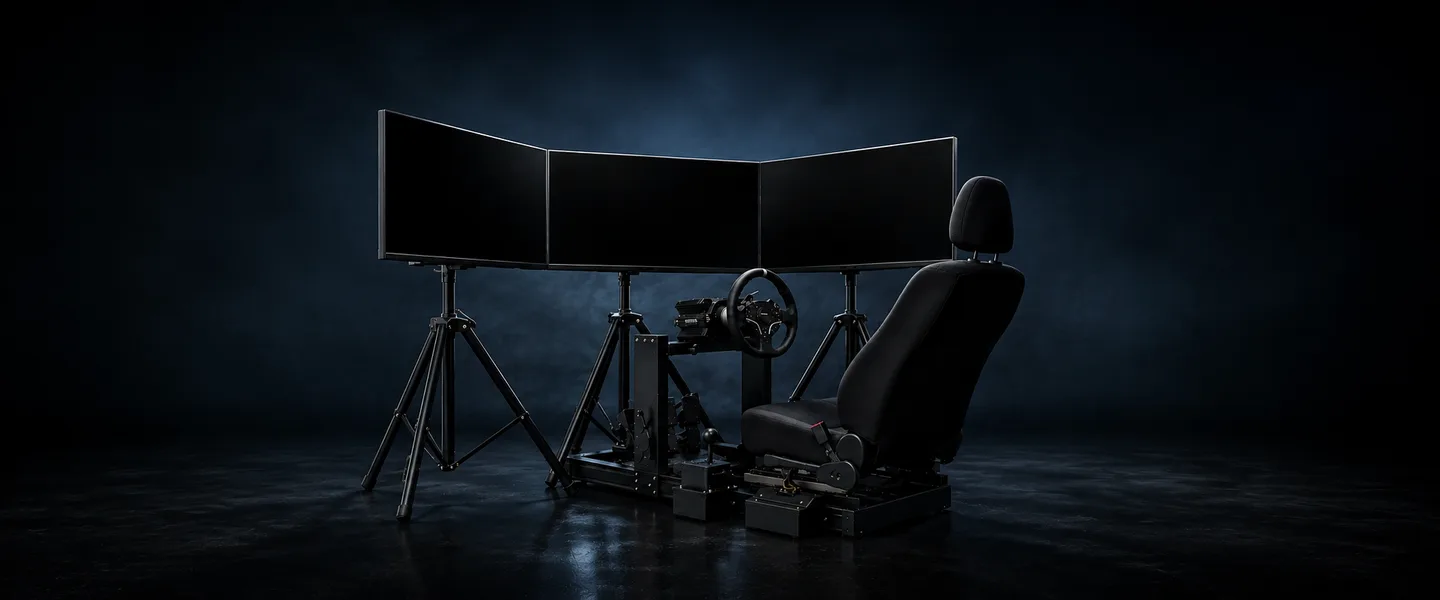 The DrivePrep simulator rig: three curved screens, a force-feedback wheel, three pedals and a bucket seat.